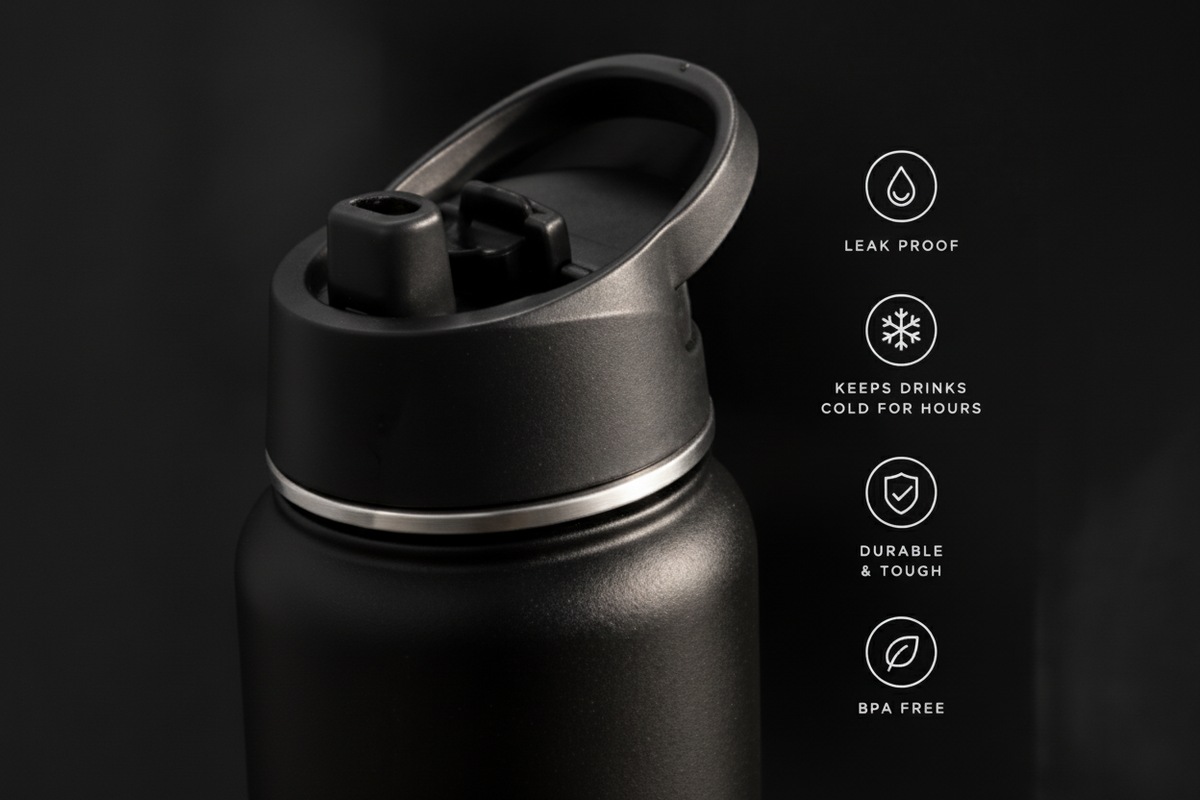 A 3x3 collage showing multiple reusable water bottles in different colors, with outdoor mountain and lake backgrounds, close-up product shots, icons highlighting features, and marketing text such as 'Hydration for a Bigger You' and 'Good Hydration Builds Better Pairs.'.